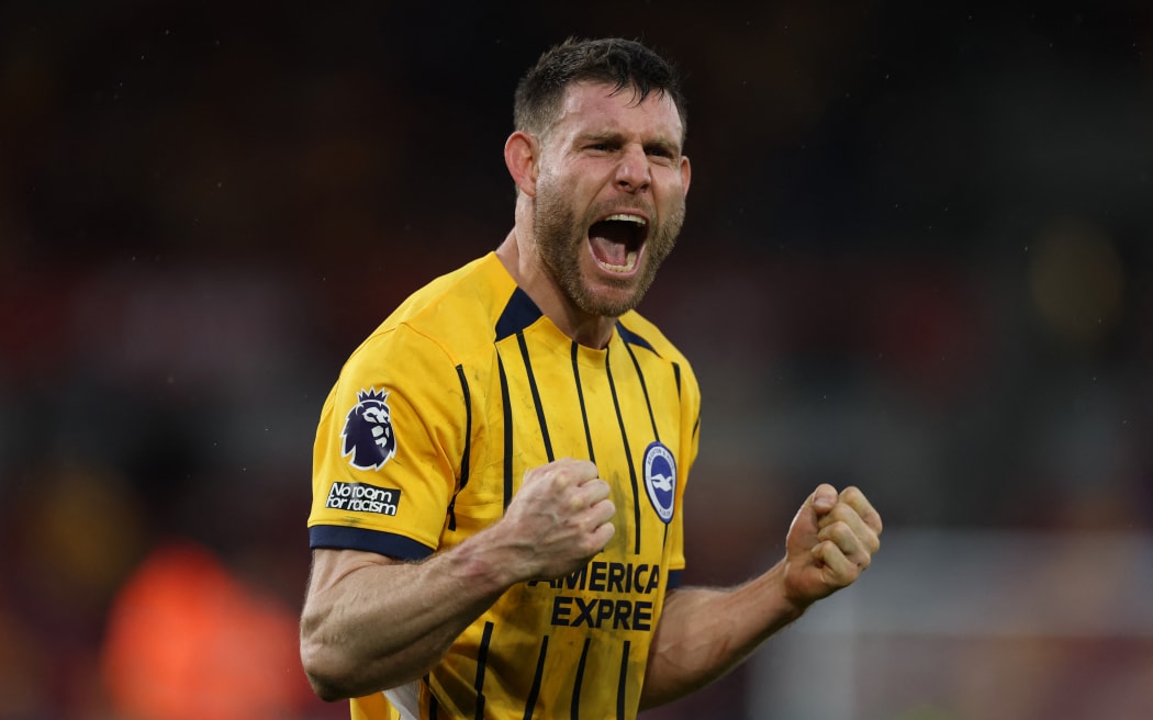 James Milner of Brighton & Hove Albion celebrates the victory after the Premier League match between Brentford and Brighton & Hove Albion at the Gtech Community Stadium in Brentford, England, on February 21, 2026. (Photo by Tiego Grenho/MI News/NurPhoto) (Photo by MI News / NurPhoto via AFP)