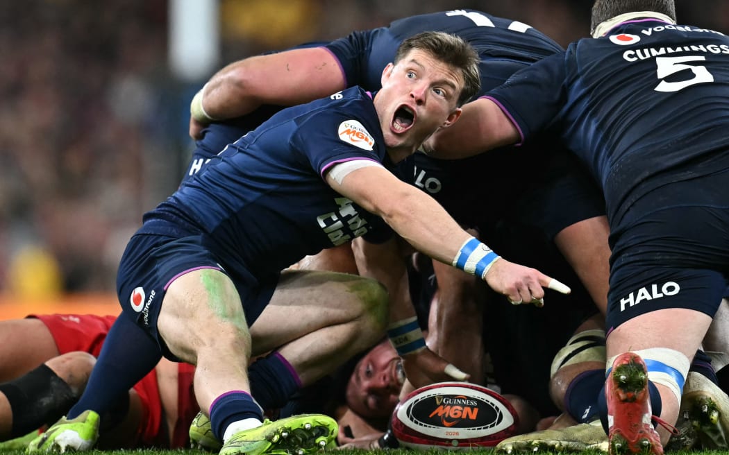 Scotland's George Horne issues instructions during the Six Nations international rugby union match between Wales and Scotland at the Principality Stadium in Cardiff, south Wales, on February 21, 2026. (Photo by Paul ELLIS / AFP) / RESTRICTED TO EDITORIAL USE. USE IN BOOKS SUBJECT TO WELSH RUGBY UNION (WRU) APPROVAL.