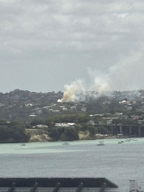 Smoke from a fire at Northcote College, as seen from the city.