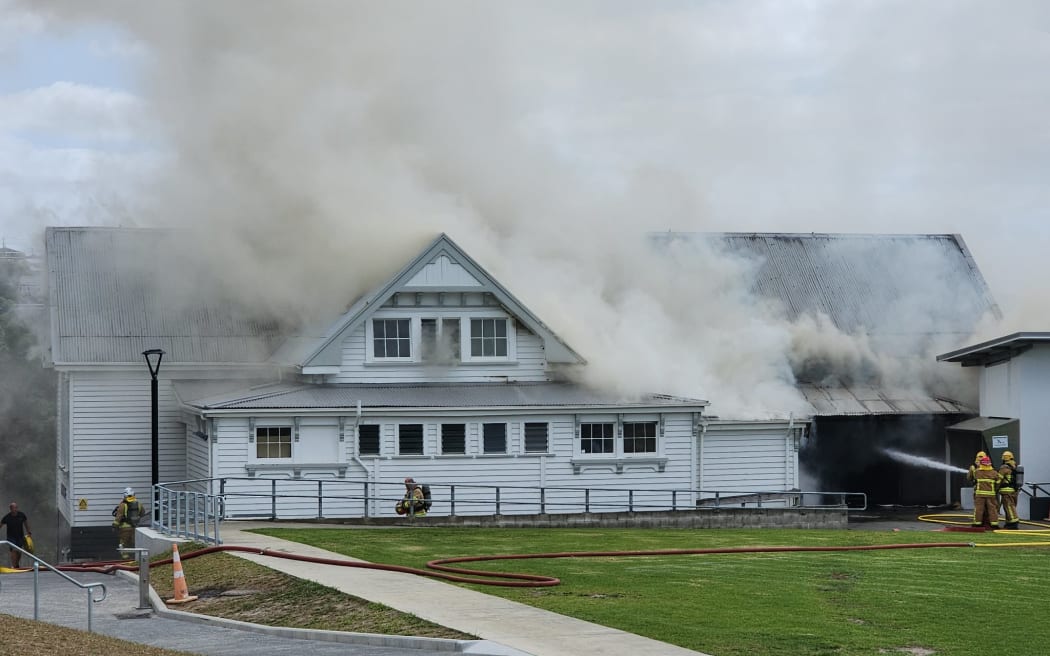 Northcote College sports pavilion on fire on 20 January 2026.