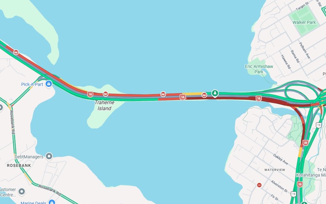 Traffic is heavy on SH16 following a crash near Waterview Tunnel. Photo shows traffic as of 12pm, 18 Feb.