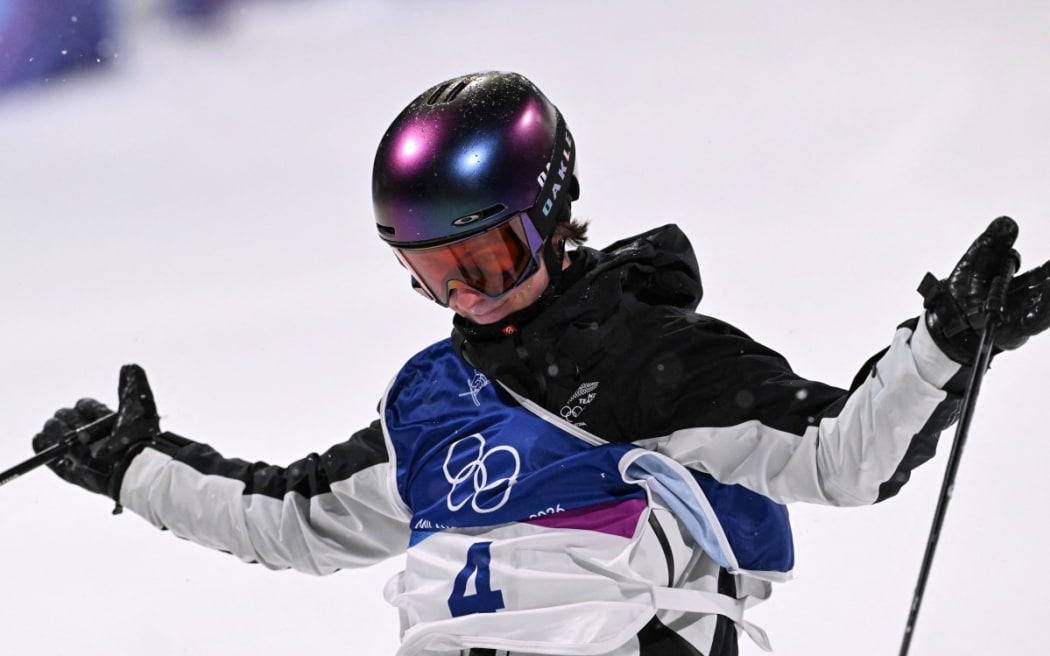 New Zealand's Luca Harrington reacts after competing in the freestyle skiing men's freeski big air final run 3 during the Milano Cortina 2026 Winter Olympic Games at Livigno Snow Park, in Livigno (Valtellina), on February 17, 2026.