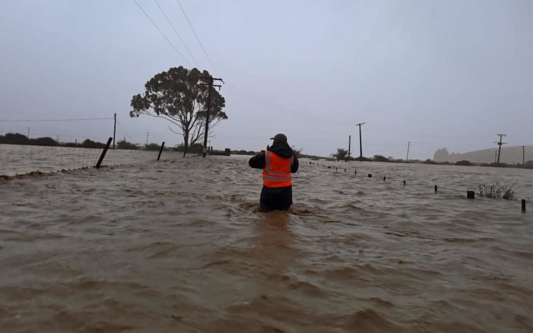 Farm worker rescues stranded sheep after huge downpours on Banks Peninsula, 17 February 2026.