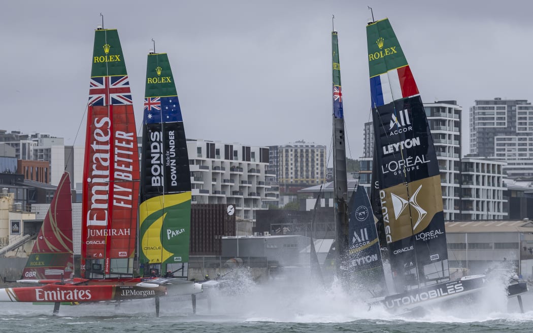 The Black Foils SailGP Team helmed by Peter Burling collide with the DS Automobiles SailGP Team France helmed by Quentin Delapierre whilst in action on Race Day 1 of the ITM New Zealand Sail Grand Prix in Auckland, New Zealand. Saturday 14 February 2026. Rolex SailGP Championship Event 2 2026 Season. Photo: Felix Diemer for SailGP. Handout image supplied by SailGP