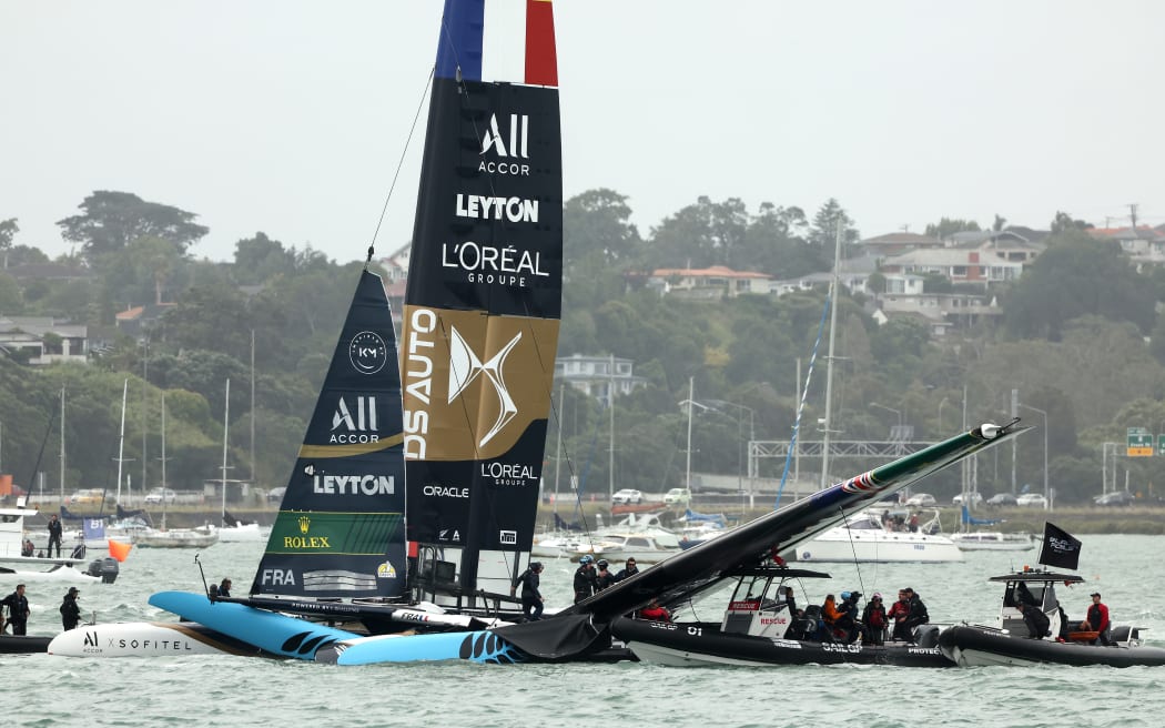 AUCKLAND, NEW ZEALAND - FEBRUARY 14: A collission between Black Foils driven by Peter Burling and Blair Tuke and DS Team France, driven by Quentin Delapierre during SailGP on February 14, 2026 in Auckland, New Zealand. (Photo by Phil Walter/Getty Images)