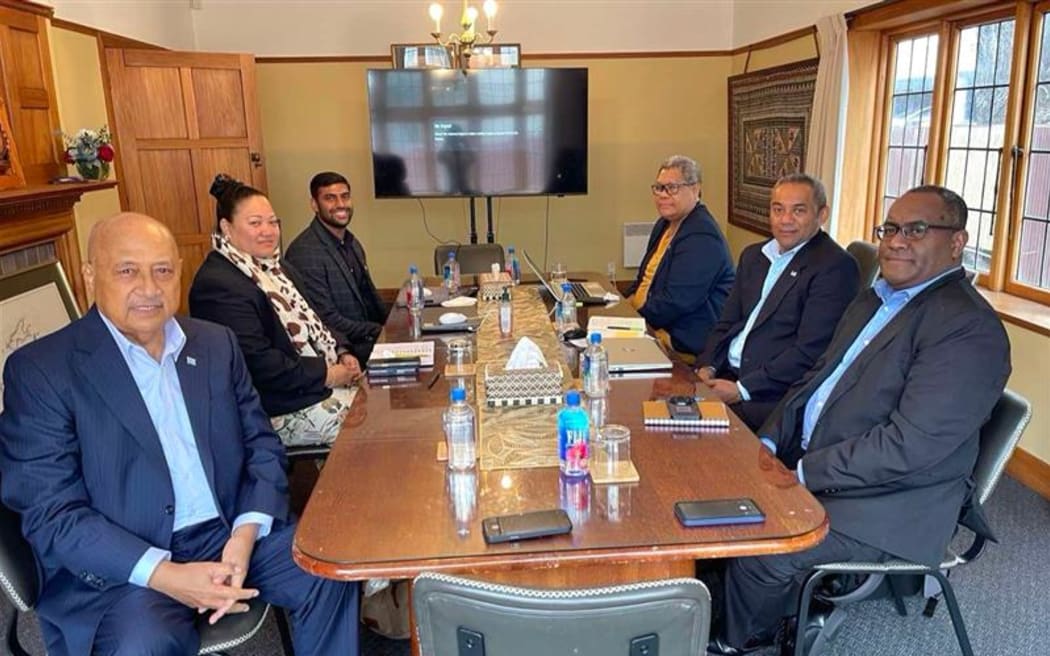 Fiji's High Commissioner in Wellington, Ratu Inoke Kubuabola (left) with his team and the Chief Executive Officer for the Ministry of Foreign Affairs and External Trade, Dr Raijieli Taga (at the right end of the bottom of the table). Photo: Fiji High Commission Wellington