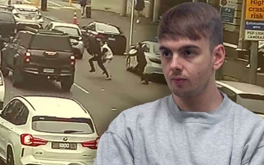 British fraudster Jack Hennessy (inset) seen trying to escape from police on Auckland's Hobson St in June 2024. The 27-year-old has been granted release from prison and is to be deported from New Zealand.