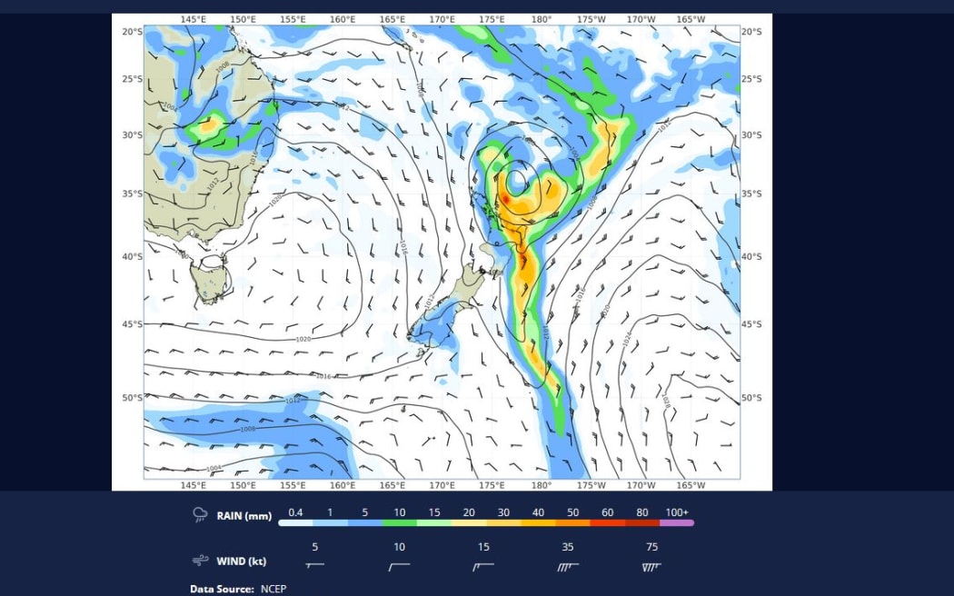 A screenshot of MetService's rain forecast for 7pm on Saturday.