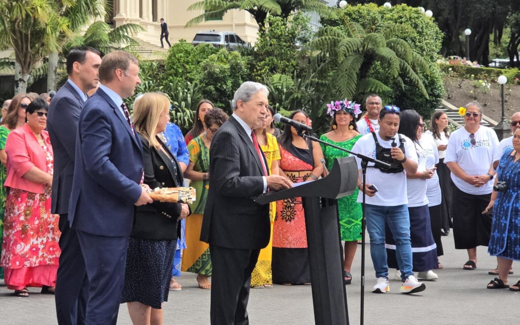New Zealand First leader Winston Peters addressing a Pacific crowd on the steps of parliament. Peters received a petition from former National MP Anae Arthur Anae calling for visas on arrival for Pacific nationals. 10 February 2026