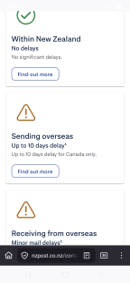 NZ Post's website on 10 February gave no update on delays to UK-bound mail.