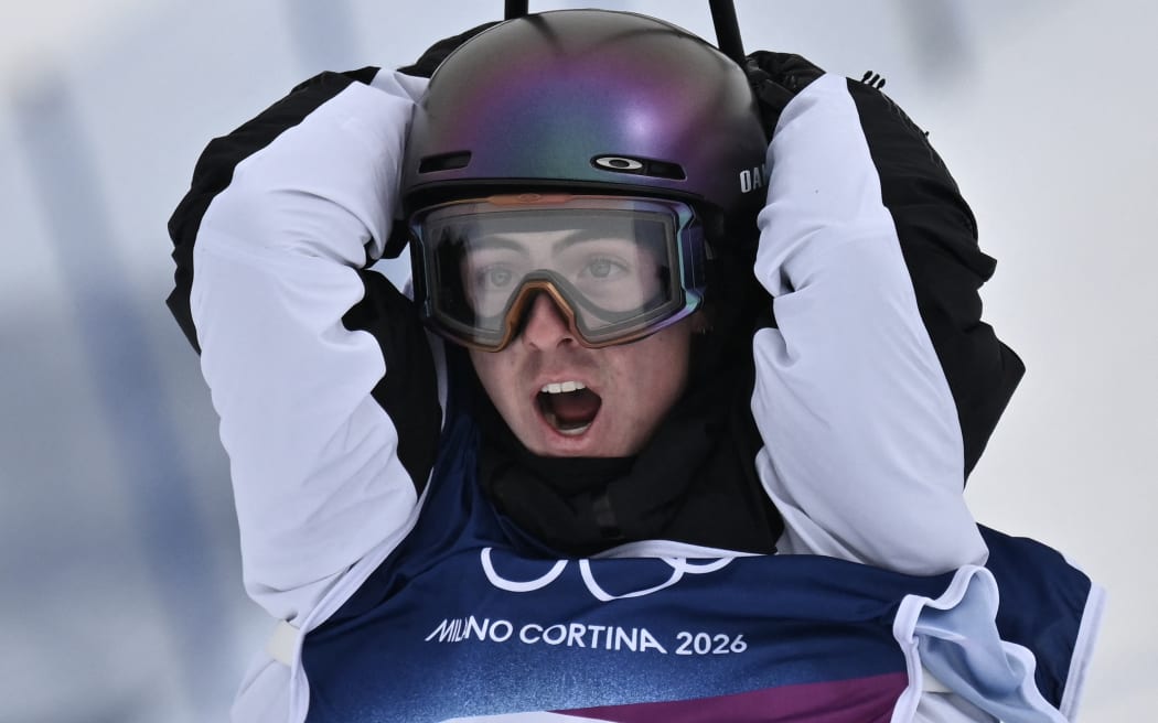 New Zealand's Luca Harrington reacts in the freestyle skiing men's freeski slopestyle final run 3 during the Milano Cortina 2026 Winter Olympic Games at Livigno Snow Park, in Livigno (Valtellina), on February 10, 2026.