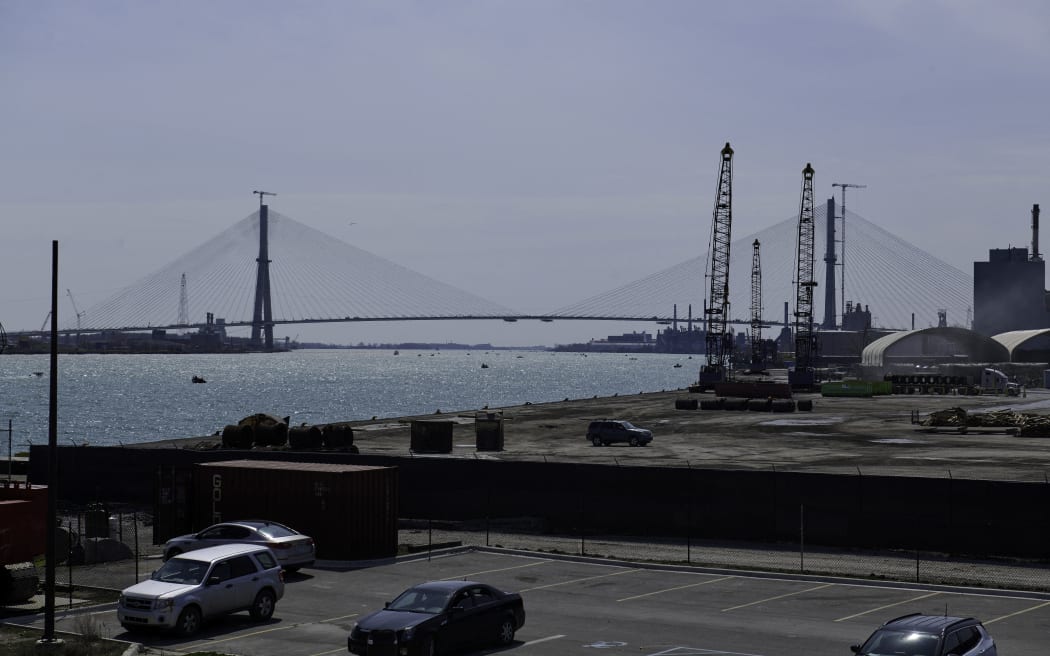 Spanning the Detroit River, the Gordie Howe International Bridge will connect southern Detroit, Michigan, USA and Windsor, Ontario, Canada when completed in 2025. Detroit, Michigan, on Thursday, April 17, 2025. (Photo by Dominic Gwinn / Middle East Images via AFP)