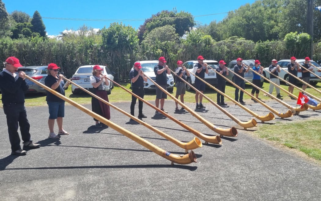 The Taranaki Alphorn Group performs at the Swiss Picnic.