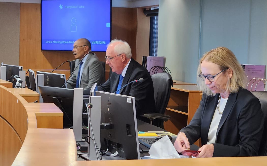 The Judicial Conduct Panel, (right to left) Hon Jillian Mallon, Hon Brendan Brown KC, Sir Jerry Mateparae