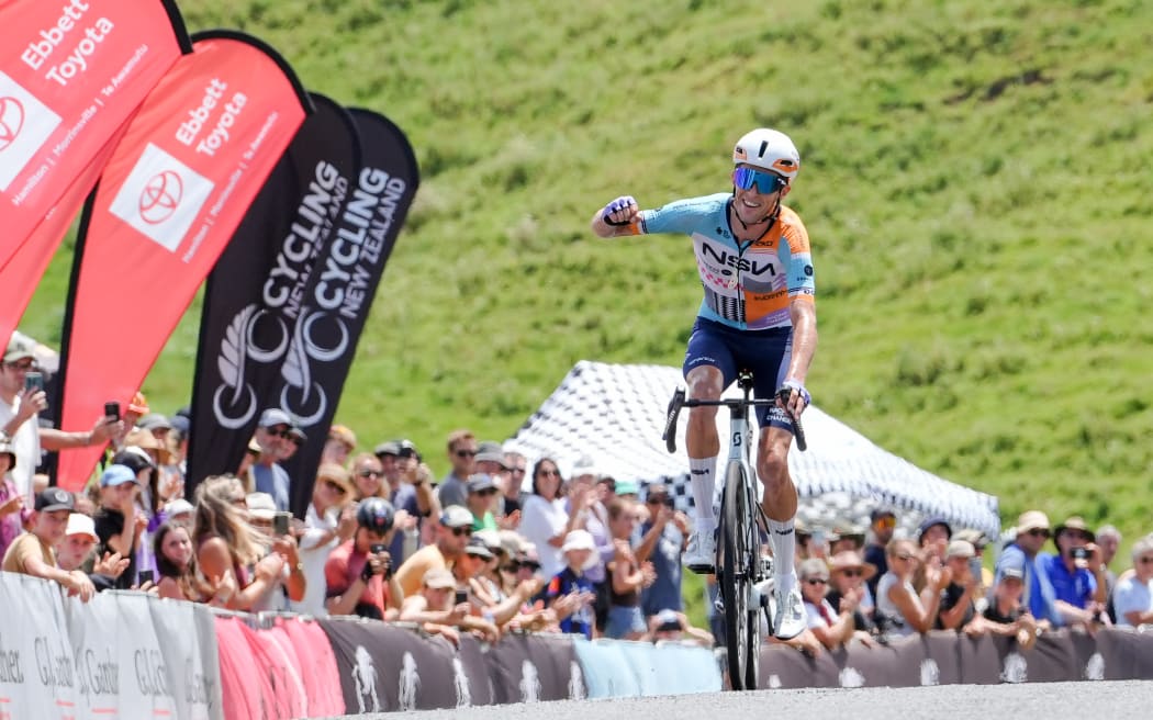 Nelson cyclist George Bennett salutes as he wins the New Zealand Elite Road Cycling Championship near Cambridge, 7 February, 2026.
(Photo: Russell Jones)