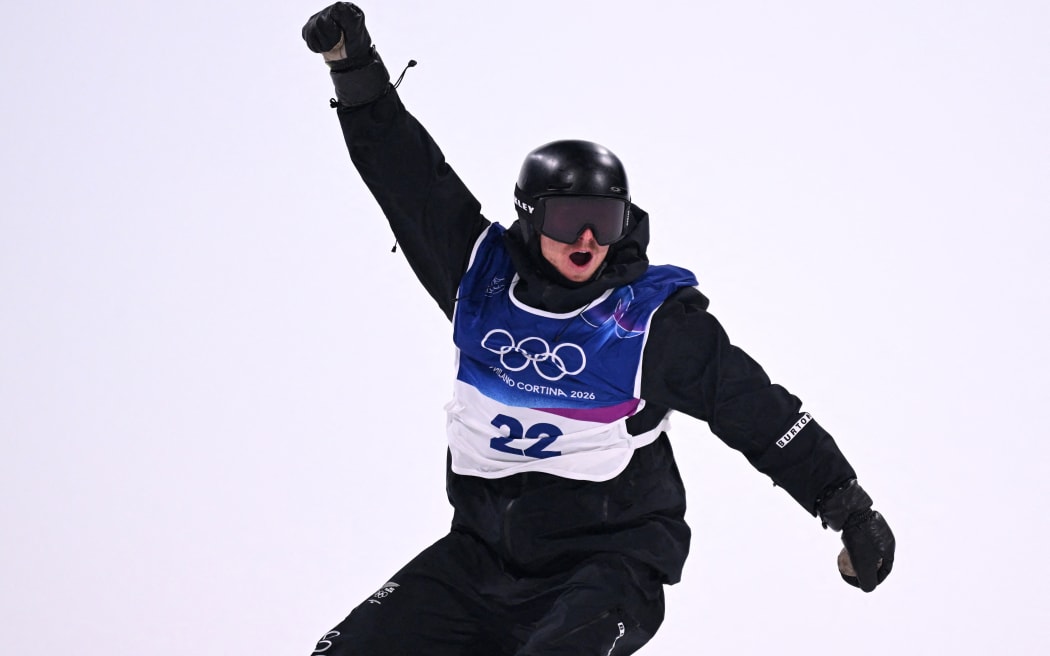 New Zealand's Lyon Farrell reacts after competing in the snowboard men's big air qualification at the Milano Cortina 2026 Winter Olympic Games at Livigno Snow Park, in Livigno.