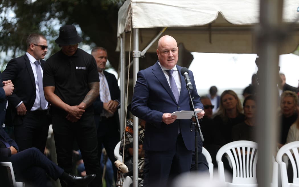 Prime Minister Christopher Luxon speaks at Waitangi on Thursday.
