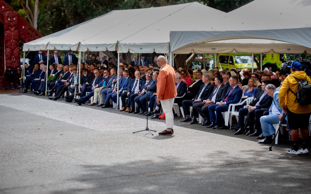 Te Pāti Māori co-leader Rawiri Waititi speaking at Waitangi.