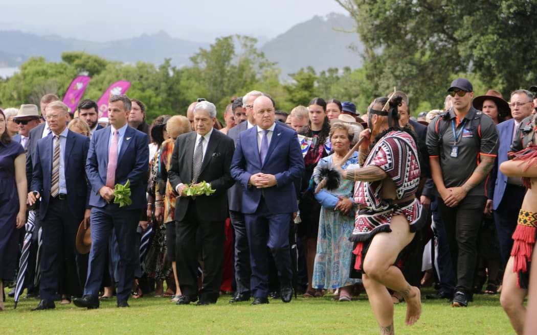 The people of Ngāpuhi deliver a powerful haka, welcoming parliamentarians onto the upper Waitangi Treaty Grounds.