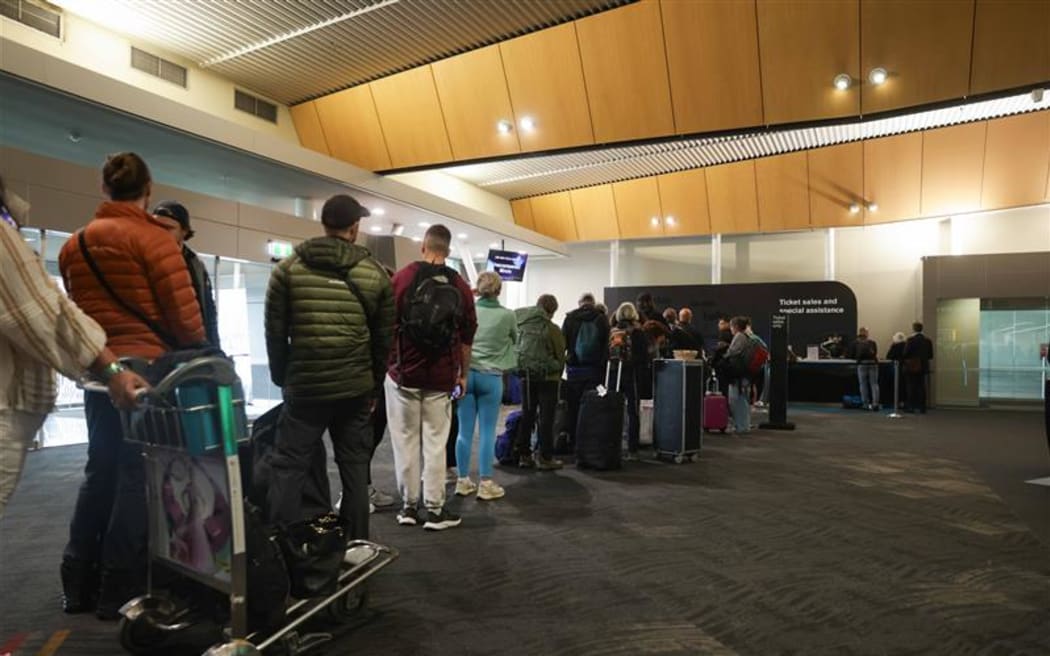 About 30 people were queuing at Wellington Airport on Tuesday afternoon after fog disrupted flights in the capital.