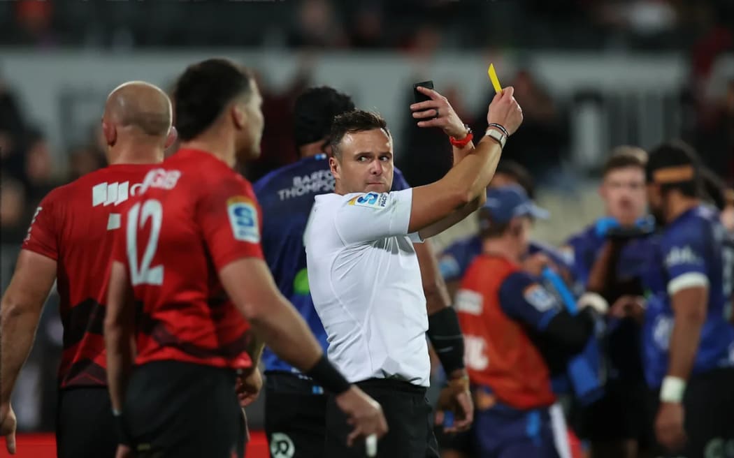 Referee James Doleman during the Crusaders v Blues, Super Rugby Pacific Semi Final match.
