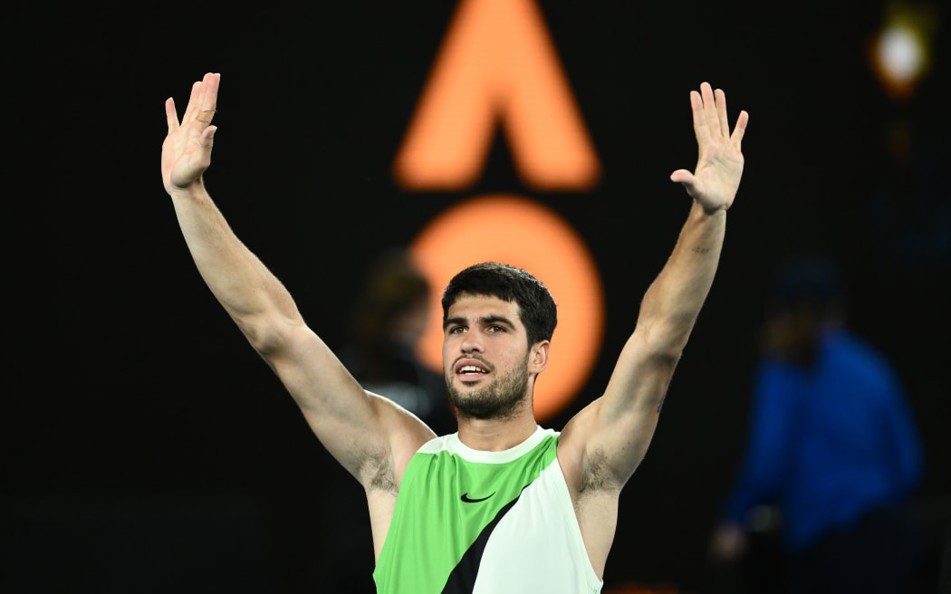 Carlos Alcaraz of Spain celebrates at the Australian Open, 2026.