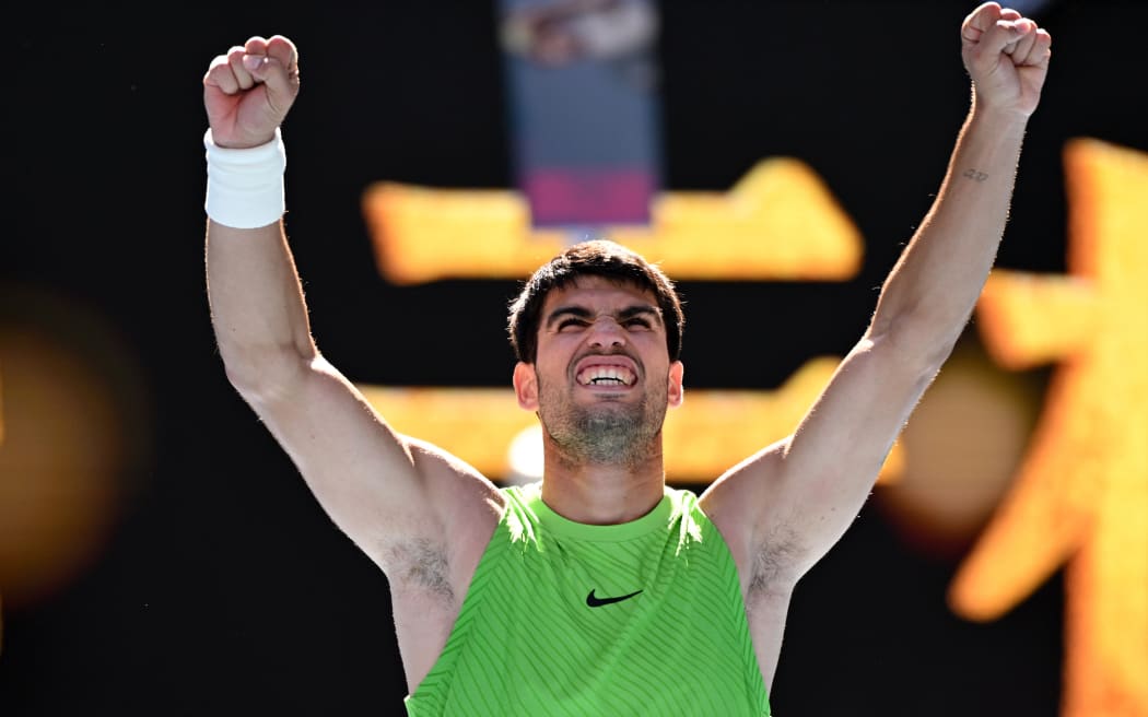 Carlos Alcaraz celebrates victory over Yannick Hanfmann in the second round of the Australian Open at Melbourne Park, January 21, 2026. (AAP Image/James Ross/ Photosport)