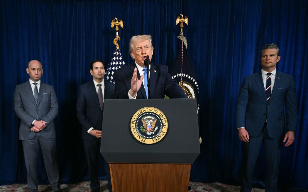 President Donald Trump, alongside top aide Stephen Miller, Secretary of State Marco Rubio, and US Secretary of Defense Pete Hegseth, speaks to reporters at his Mar-a-Lago residence in Palm Beach, Florida, on January 3, 2026.
Mandatory Credit:	Jim Watson/AFP/Getty Images via CNN Newsource