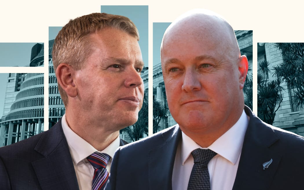 Focus on Politics: Composite of Christopher Luxon, Chris Hipkins and the Beehive.