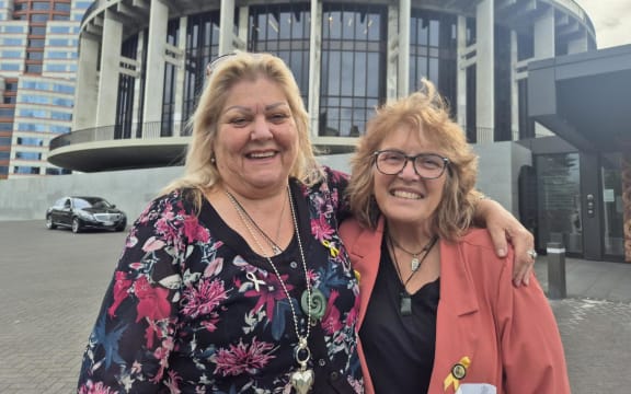 Sonya Rockhouse (left) and Anna Osborne outside Parliament after their meeting with Workplace Safety Minster Brooke van Velden.