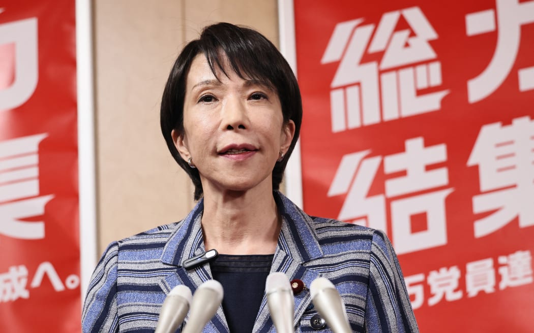 Japan's new ruling Liberal Democratic Party President Sanae Takaichi speaks to the media following  the Japanese former Prime Minister Tomiichi Murayama's death in Tokyo on Oct. 17, 2025. ( The Yomiuri Shimbun ) (Photo by Kaname Yoneyama / The Yomiuri Shimbun via AFP)