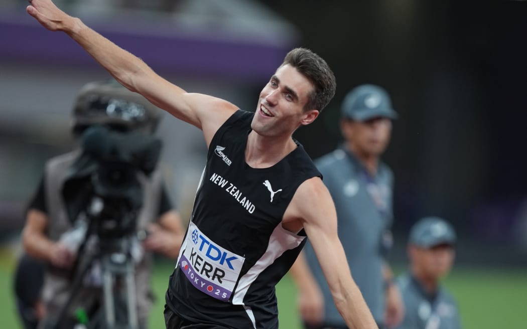 Hamish Kerr of New Zealand celebrates winning the Men's High Jump final at the 2025 World Athletics Championships in Tokyo.