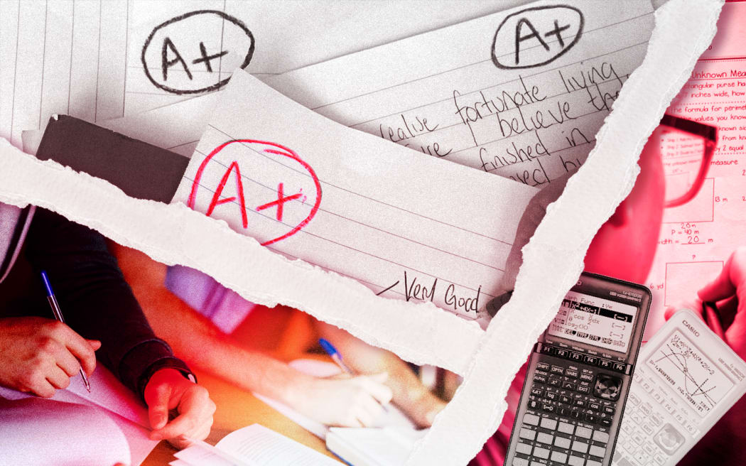 Composite graphic of education imagery. Education, schools, students, curriculum, NCEA, learning, books, grades, tests.