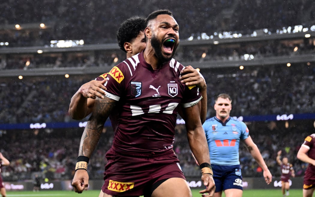 Hamiso Tabuai-Fidow of the Maroons celebrates after scoring a try during the State of Origin game two match between the Queensland Maroons and the NSW Blues at Optus Stadium in Perth, Wednesday, June 18, 2025. (AAP Image/Dan Himbrechts/Photosport)