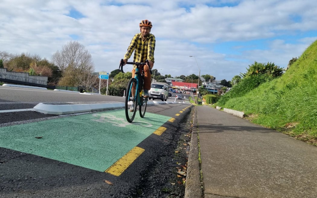 Cycleway safety: North Taranaki Cycling Advocates member Elric Aublant says the concrete separators remind vehicles to stay in their lane.