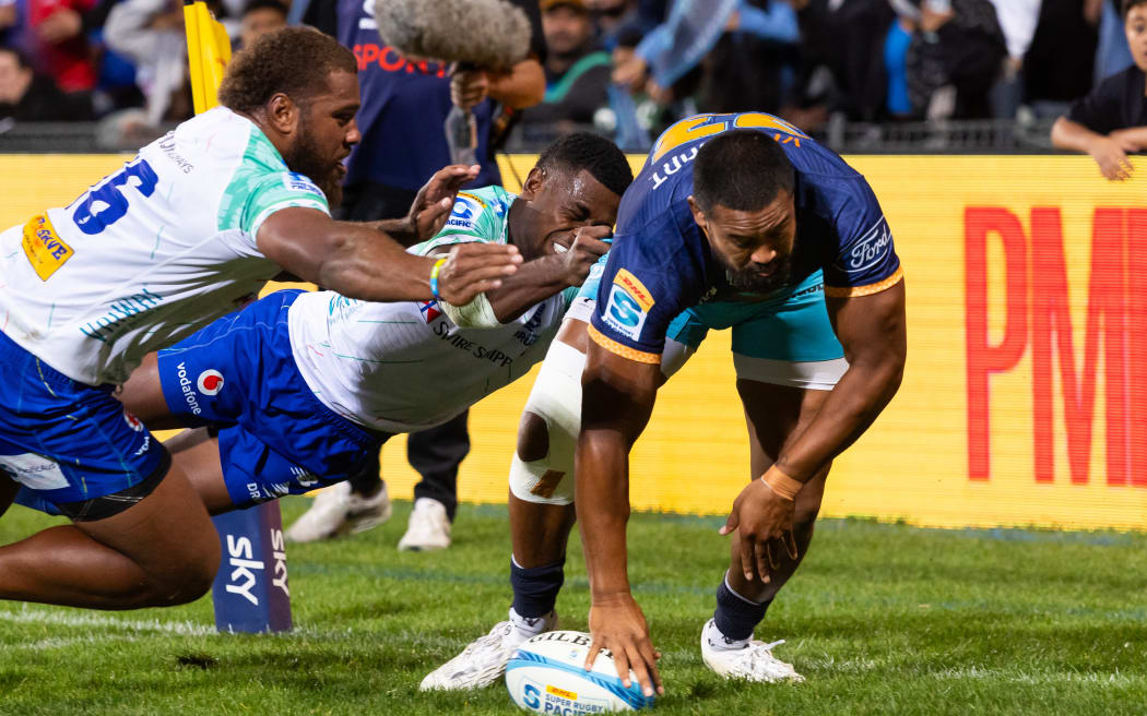 Moana Pasifika Julian Savea scores a try during the - Super Rugby Pacific - Moana Pasifika v Fijian Drua at North Harbour Stadium, Auckland.