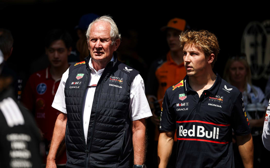 Red Bull advisor Helmut Marko and driver Liam Lawson.