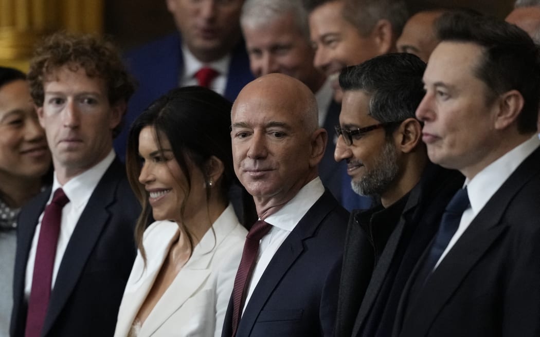 Guests including Mark Zuckerberg, Jeff Bezos, Sundar Pichai and Elon Musk, arrive before the 60th Presidential Inauguration in the Rotunda of the U.S. Capitol in Washington, Monday, Jan. 20, 2025. (Photo by Julia Demaree Nikhinson / POOL / AFP)