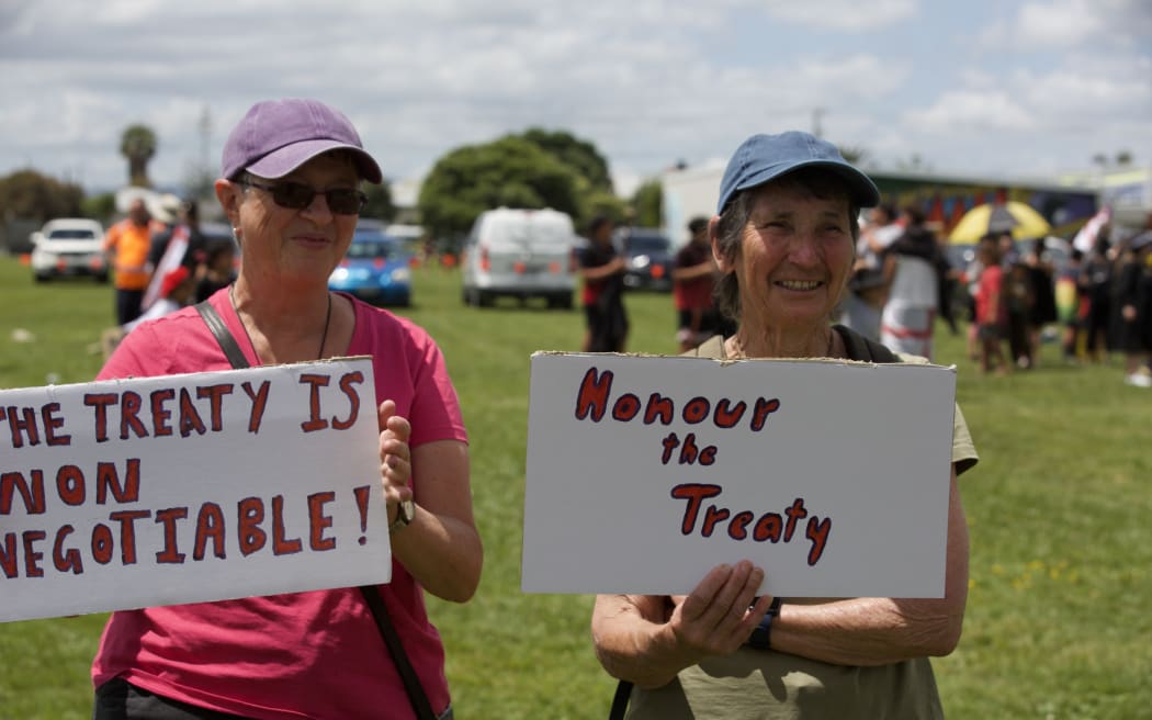 Tangata Tiriti Annie and Carol attend the nationwide activation hīkoi mō Te Tiriti in Dargarville.