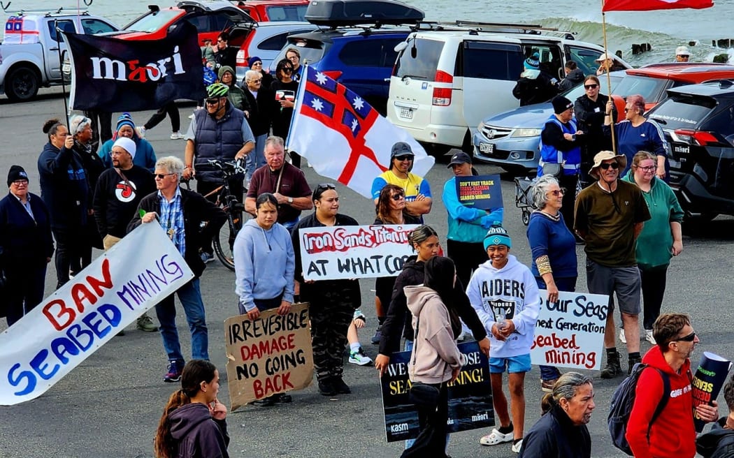 People marching through Patea in a hīkoi to oppose seabed mining, on 2 October, 2024.