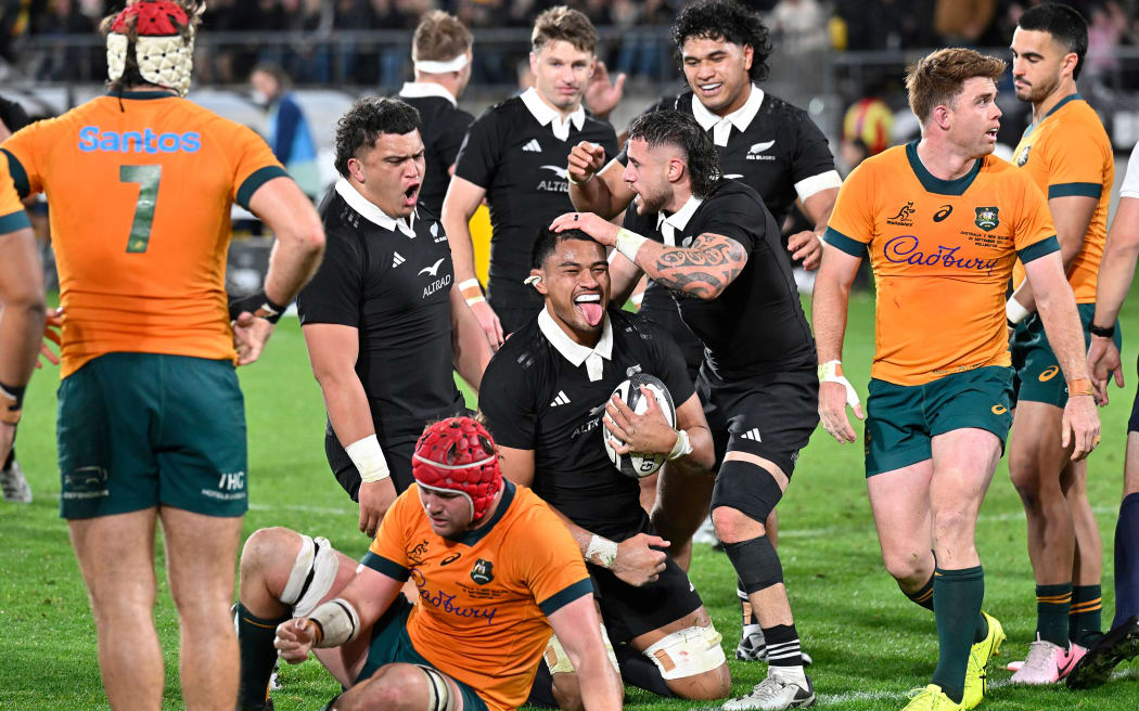 Tupou Vaa'i celebrates after scoring for the All Blacks against the Wallabies, 2024.