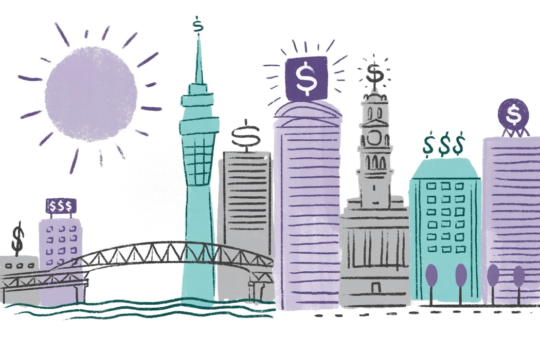 Stylised illustration of the skyline of Tāmaki Makaurau and dollar signs
