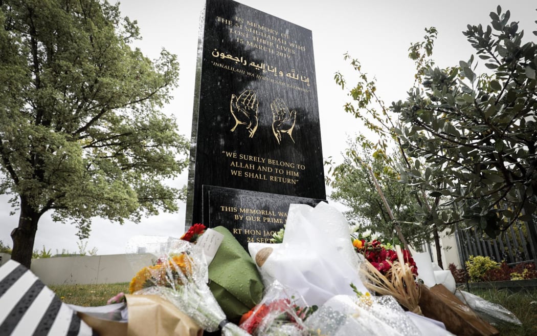 Outside the Masjid Annur, flowers surround the memorial to the 51 shuhada (martyrs) who were killed when a terrorist opened fire at two mosques in Christchurch five years ago.