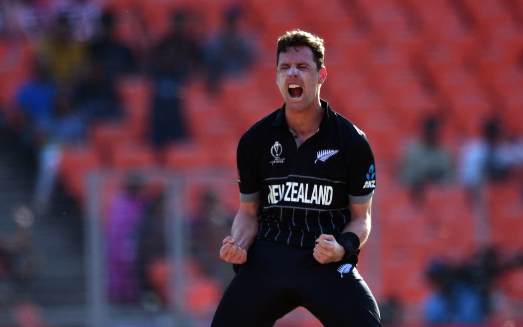 Matt Henry celebrates a wicket.