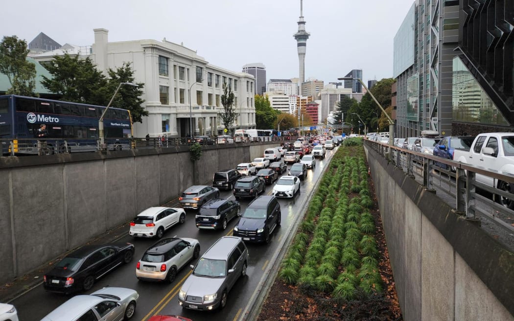 Cars stuck in gridlock traffic during heavy rain in Auckland on 9 May, 2023.