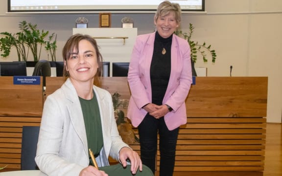 Christchurch City councillor Celeste Donovan, left, with retiring mayor Lianne Dalziel - at Donovan's swearing-in in October 2021