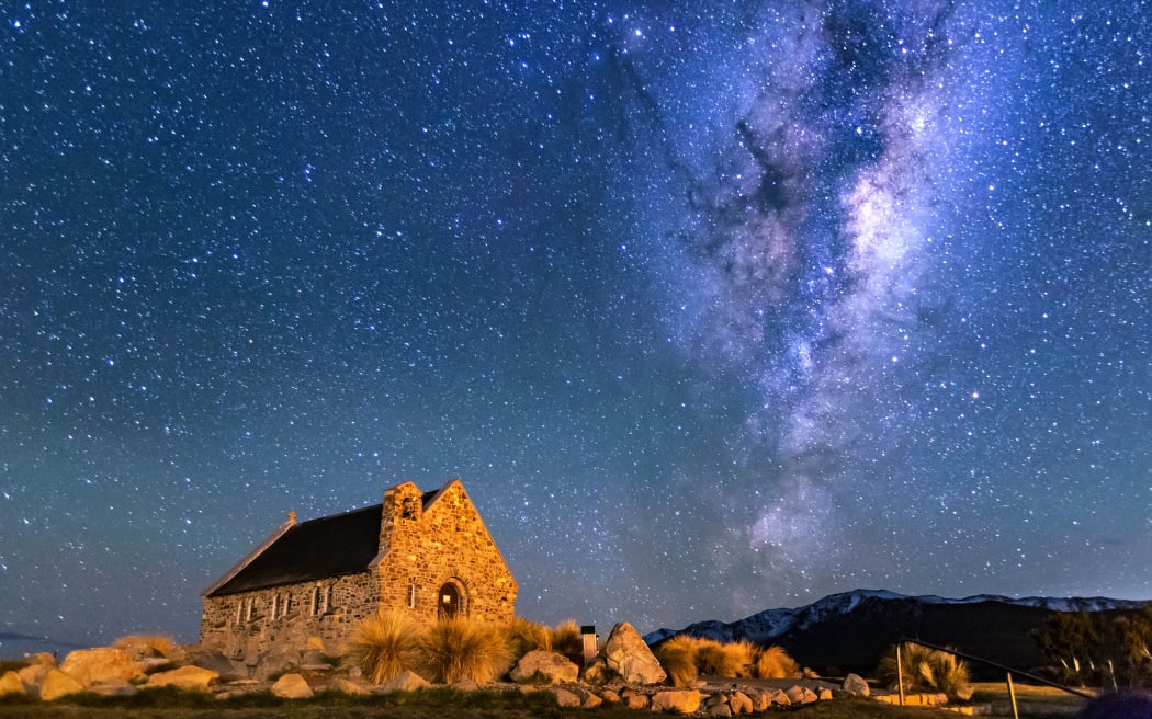 Milky Way Rising Above Church Of Good Shepherd, Tekapo NZ with Aurora Australis Or The Southern Light. Dark Sky.