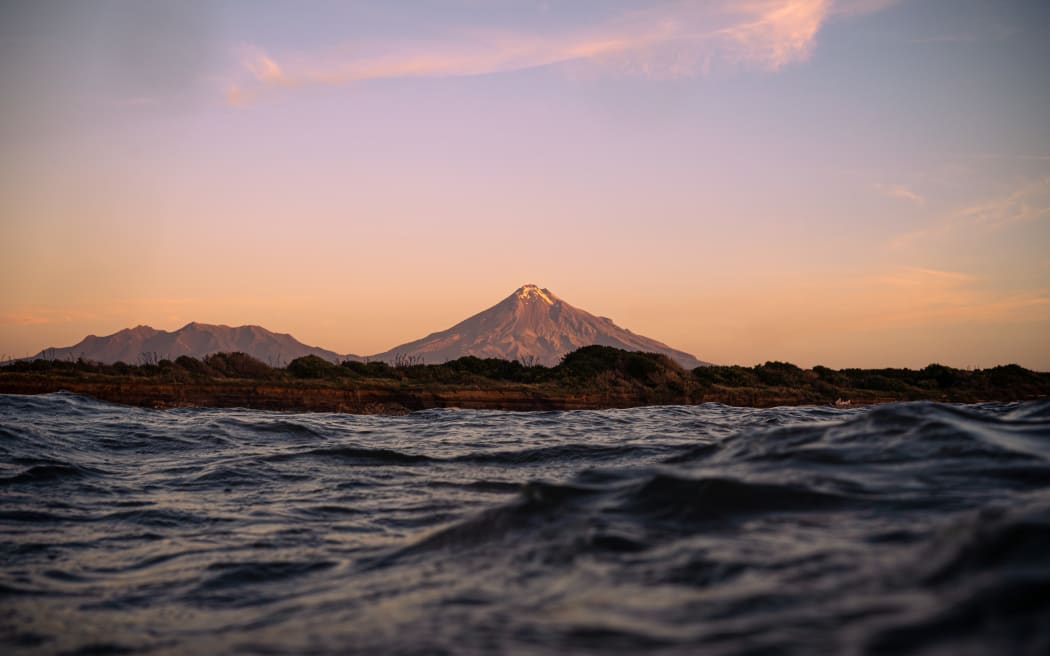 Taranaki Maunga, from the sea to the south.