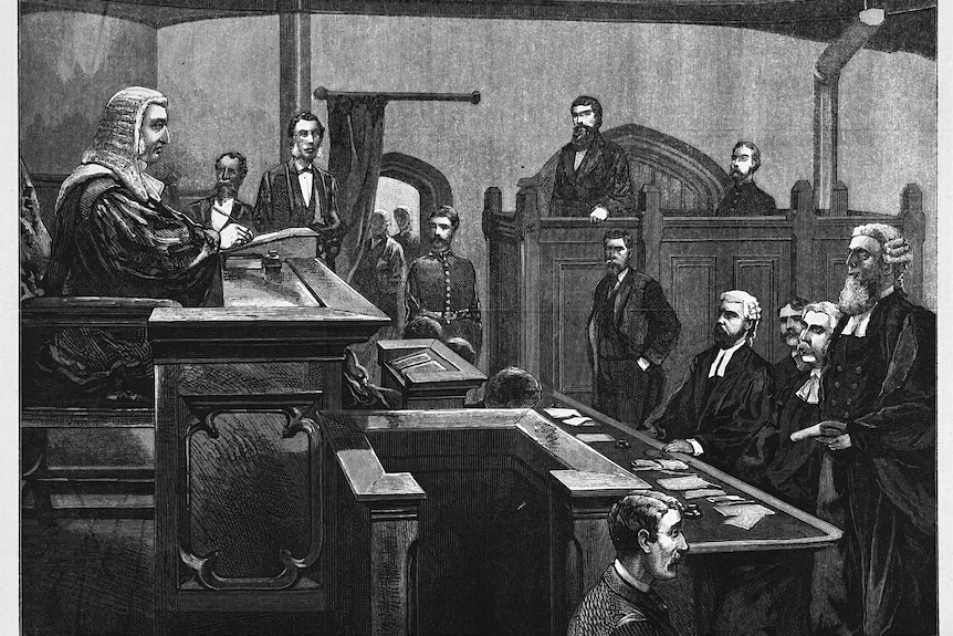 A black and white court scene. 