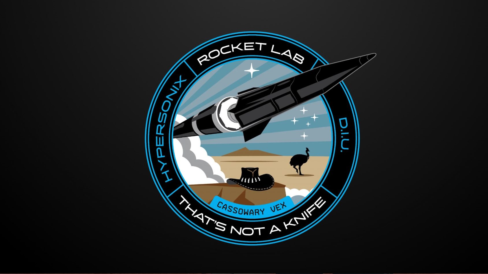 a circular mission patch showing a pointy black space vehicle in the center and the words "rocket lab," "hypersonix" "diu" and "that's not a knife" around the outer edge